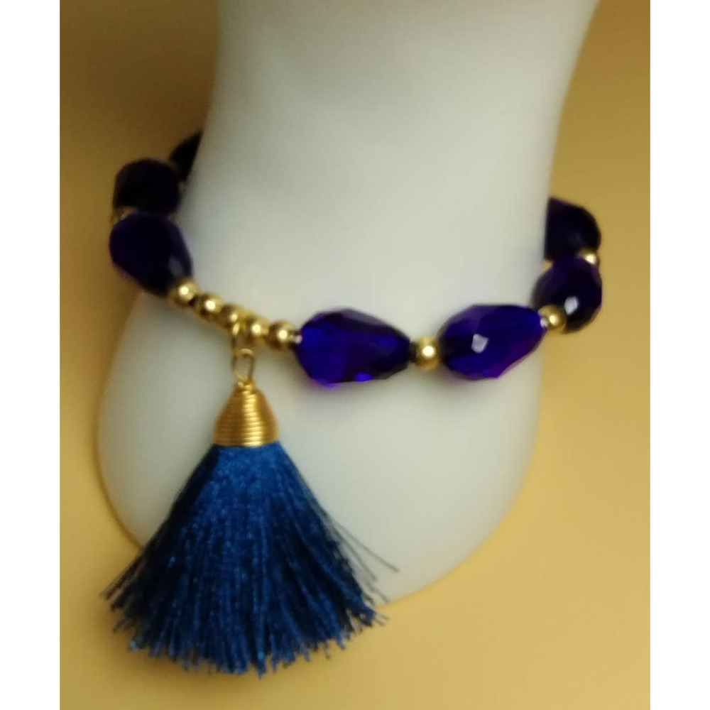 Cobalt Blue Stretch Beaded Boho Tassel Bracelet with Elasticized Band
